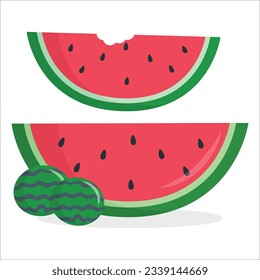 Cartoon fresh green open watermelon half, slices and triangles. Red watermelon piece with bite. Sliced cocktail water melon fruit vector set. Illustration of watermelon freshness nature. 2189