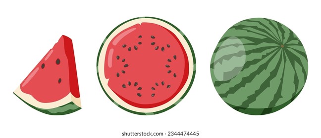 Caricatura de la mitad de la sandía verde fresca abierta, rodajas y triángulos. Pieza de sandía roja con mordedura. Conjunto de vectores de frutas de melón de agua de cocción en rodajas. Ilustración de la naturaleza fresca de la sandía