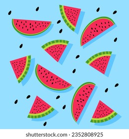 Cartoon fresh green open watermelon , slices and triangles. Red watermelon piece. Sliced water melon fruit vector set. Illustration of watermelon freshness nature