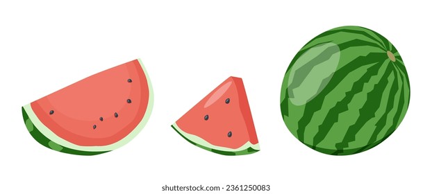 Caricatura de la mitad de la sandía verde fresca abierta, rodajas y triángulos. Pieza de sandía roja con mordedura. Conjunto de vectores de frutas de melón de agua de cocción en rodajas. Ilustración de la naturaleza fresca de la sandía