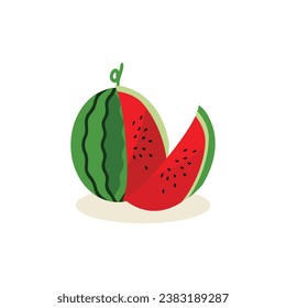 Cartoon fresh green open watermelon half, slices and triangles. Red watermelon piece with bite. Sliced cocktail water melon fruit vector set. Illustration of watermelon freshness nature
