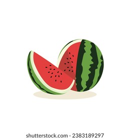 Cartoon fresh green open watermelon half, slices and triangles. Red watermelon piece with bite. Sliced cocktail water melon fruit vector set. Illustration of watermelon freshness nature