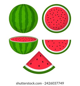 Caricatura verde fresca media sandía abierta, rebanadas y triángulos. Pieza de sandía roja con mordida. Conjunto de vector de fruta de melón de agua de cóctel en rodajas. Ilustración de la naturaleza de frescura de sandía