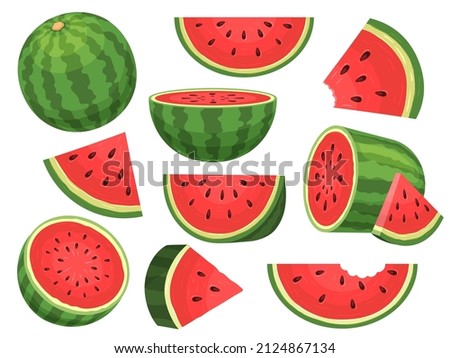 Cartoon fresh green open watermelon half, slices and triangles. Red watermelon piece with bite. Sliced cocktail water melon fruit vector set. Illustration of watermelon freshness nature