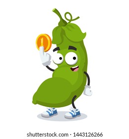 cartoon fresh green pea pod mascot keeps the coin on white background