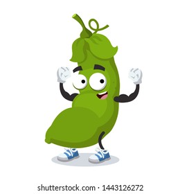 cartoon fresh green pea pod mascot shows its strength on a white background