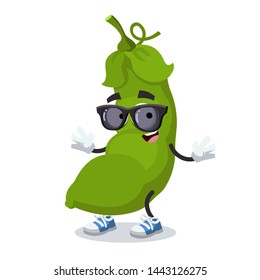 cartoon fresh green pea pod character mascot in black sunglasses on a white background