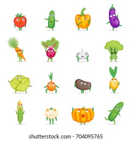Cartoon Fresh Healthy Vegetables Characters Set for Cafe Restaurant or Shop Element. Vector illustration of Vegetable Smile Sticker