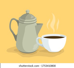 Cartoon fresh hot coffee kettle pot or teapot and big cup on dish. Hotel or cafe style. Isolated on yellow background. Vector icon set.