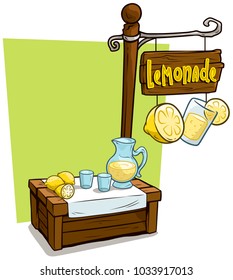 Cartoon fresh lemonade vendor booth or shop market wooden stand. Wooden sign with text Lemonade. Vector icon for game.