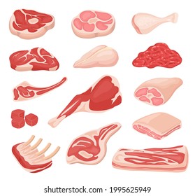 Cartoon frisches Fleisch. Rohes Rindfleisch, Lamm-Bein, Steak, Rack aus Schweinrippen, Hackfleisch/Faschiertes, Speck. Sortenkochen, Zutat des landwirtschaftlichen Erzeugnisses, Vektorset. Metzgerei oder -lager, Mehl zum Grillen oder Grillen