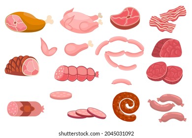 Cartoon fresh raw meat in flat style. Chicken and bacon, steak and sausages, sausage and ham, tenderloin. Meat products and ingredients.