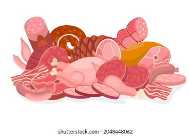 Cartoon fresh raw meat in flat style. Chicken and bacon, steak and sausages, sausage and ham, tenderloin. Meat products and ingredients.