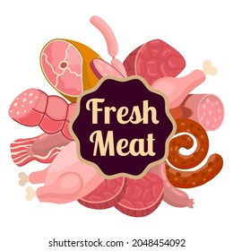 Caricatura de carne fresca cruda con el logo de estilo plano, etiqueta, viento. Pollo y tocino, filete y salchichas, salchicha y jamón de Cracovia, solomillo de ternera. Productos cárnicos e ingredientes.