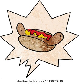 cartoon fresh tasty hot dog with speech bubble in retro texture style
