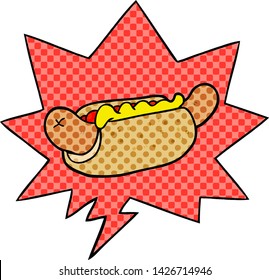 cartoon fresh tasty hot dog with speech bubble in comic book style