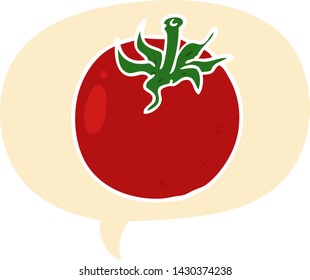 caricatura de tomate fresco con burbuja de habla en estilo retro