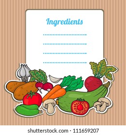 Cartoon fresh vegetables card. Lovely vertical composition on wooden background with space for your text, surrounded by colorful food icons. Cute grunge frame with vegetables, isolated.