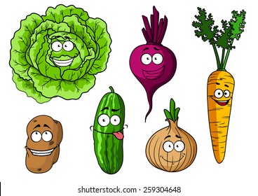 Cartoon fresh vegetables characters with  cabbage, beet, onion, carrot, potato and cucumber