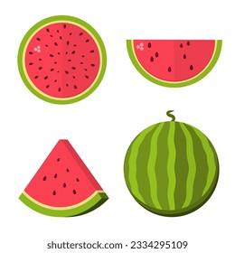 Cartoon fresh watermelon half, wedges and triangles. Piece of red watermelon. Fruit vector set. Flat style. Vector illustration.