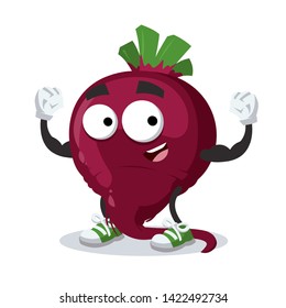 cartoon fresh whole red beetroot mascot shows its strength on a white background