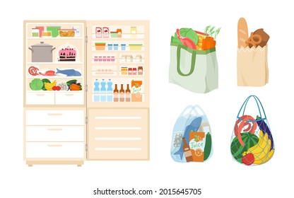 Cartoon Fridge With Open Door, Storage Of Healthy Products For Cooking At Cold Temperature Isolated On White. Refrigerator, Bags Full Of Food From Grocery Store Or Supermarket Vector Illustration Set.
