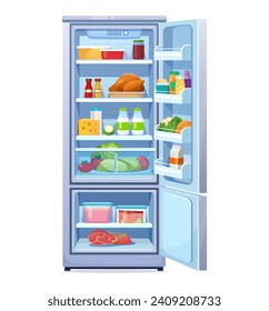 Cartoon fridge vector illustration. Flat style open refrigerator with shelves full of healthy food. Front View of modern blue two-compartment refrigerator with freezer isolated on white background.