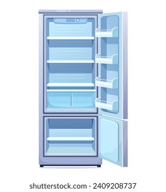 Cartoon fridge vector illustration. Flat style open refrigerator with empty shelves. Front View of modern blue two-compartment refrigerator with freezer isolated on white background.