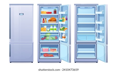 Cartoon fridge vector set. Flat style illustration with open and closed refrigerator with full and empty shelves. Front View of blue freezer with healthy food chicken, meat, fruits, milk, vegetables. svg