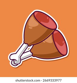 Cartoon Fried Chicken Drumstick Vector, Delicious Meat Food Icon, BBQ Sticker Design for Menu or Poster