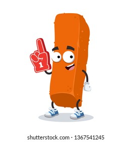 cartoon fried crispy fish finger stick character mascot with the number 1 one sports fan hand glove on a white background