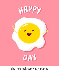Cartoon fried egg raises hands and smiles. Vector card.
