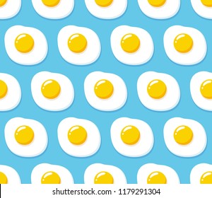 Cartoon fried egg seamless pattern on blue background. Vector texture illustration.