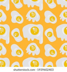 Cartoon fried egg seamless pattern on yellow background. Vector texture illustration.