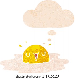 hueso frito de dibujos animados con burbuja de pensamiento en un estilo retro angustiado con textura grunge