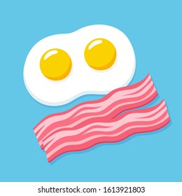 Cartoon fried eggs and bacon on blue background. Traditional breakfast vector clip art illustration.