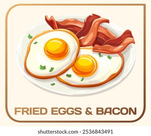 Ícone de ovos fritos de desenhos animados e vetor de bacon. Café da manhã clássico prato ovos fritos e bacon refeição saborosa. Ovos com gemas douradas e brancos crocantes e bacon crocante em um simples prato branco. 