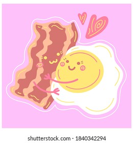 Cartoon fried eggs with a slice of fried bacon character hugging.Cute kawaii scrambled eggs with one yolk and fried bacon. Isolated vector icon  on pink background for restaurant and 
 cafe menu