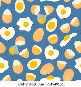 Cartoon Fried and Fresh Eggs Background Pattern on a Blue Healthy Nutrition for Breakfast. Element of Diet Vector illustration