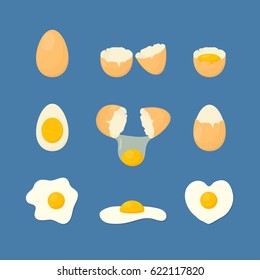 Cartoon Fried and Fresh Eggs Set Healthy Nutrition for Breakfast. Element of Diet Vector illustration