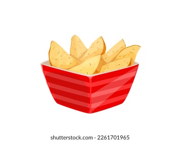 Cartoon fried potato, isolated vector bowl with grilled vegetable wedges or chops. Red plate with tasty fresh cooked potato fries with spice and herbs. Home or cafe food menu, delicious meal