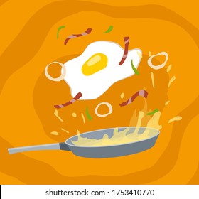 Cartoon fried scrambled egg with bacon, onion and green stuff on metal cooking pan with vegetable oil. Isolated on yellow background. Vector icon.