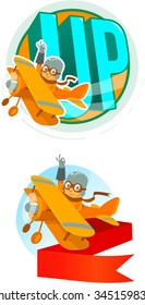 Cartoon friendly aircraft pilot in the sky waving hand vector illustration banner emblem