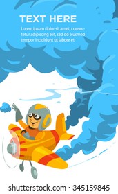 Cartoon friendly aircraft pilot in the sky waving hand vector illustration postcard