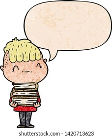 cartoon friendly boy with books with speech bubble in retro texture style