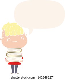 cartoon friendly boy with books with speech bubble in retro style