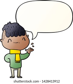 chico amigable de dibujos animados con burbuja de habla en un estilo de gradiente suave