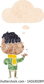 cartoon friendly boy with thought bubble in grunge distressed retro textured style