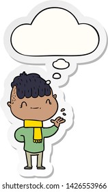 cartoon friendly boy with thought bubble as a printed sticker