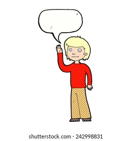 cartoon friendly boy waving with speech bubble